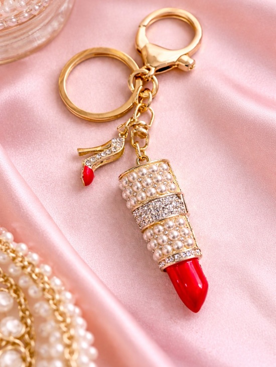 Accessories - Gold Pearl & Red Lipstick Keychain Charm